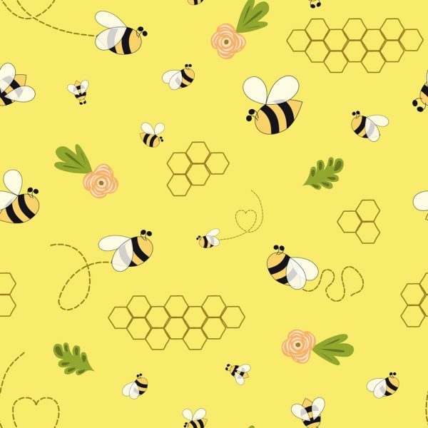 Hand Drawn Cartoon Floral Honeycomb & Bee Fabric - Yellow Online Hot Sale