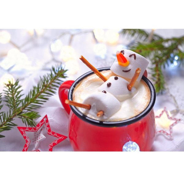 Realistic Hot Chocolate With Melting Snowman Fabric Panel Supply