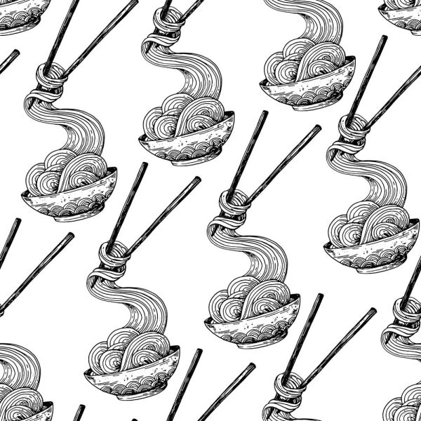 Sketched Noodles & Chopsticks Fabric For Cheap
