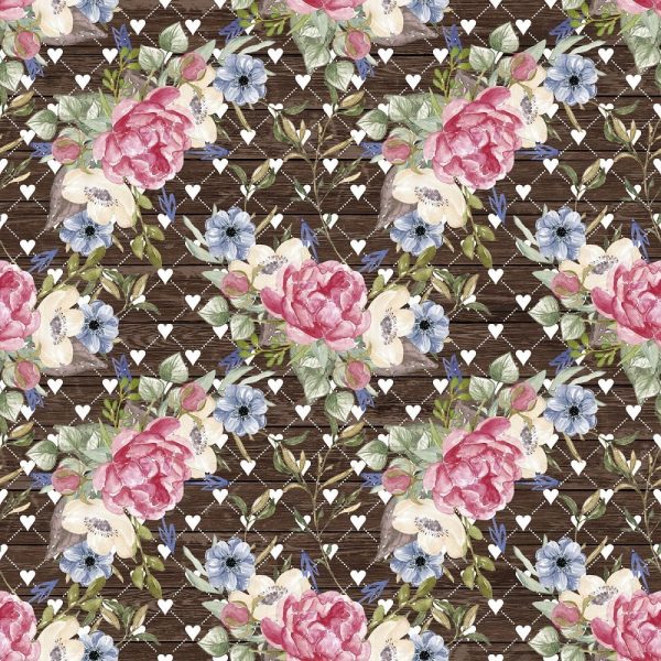 Peonies Wreath Bouquet with Hearts on Wood Fabric Fashion
