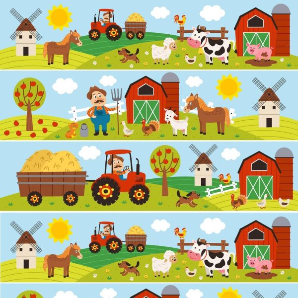 Cartoon Farming Stripe Scenes Fabric on Sale