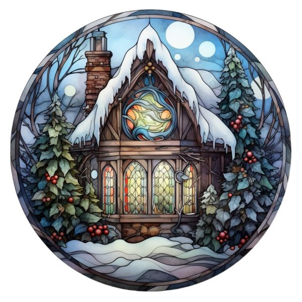 Stained Glass Christmas Cottage #4 Fabric Panel Discount