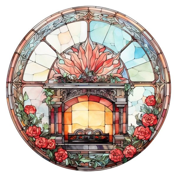 Stained Glass Red Fireplace Fabric Panel Cheap
